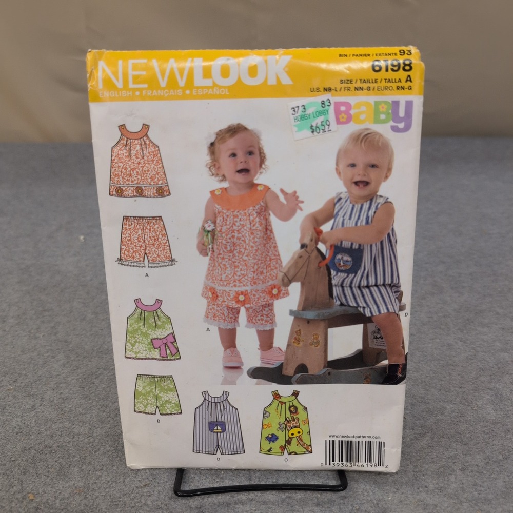 New Look 6198‎ Baby Sewing Pattern Tops Shorts Romper Size NB-L Uncut 6198 A